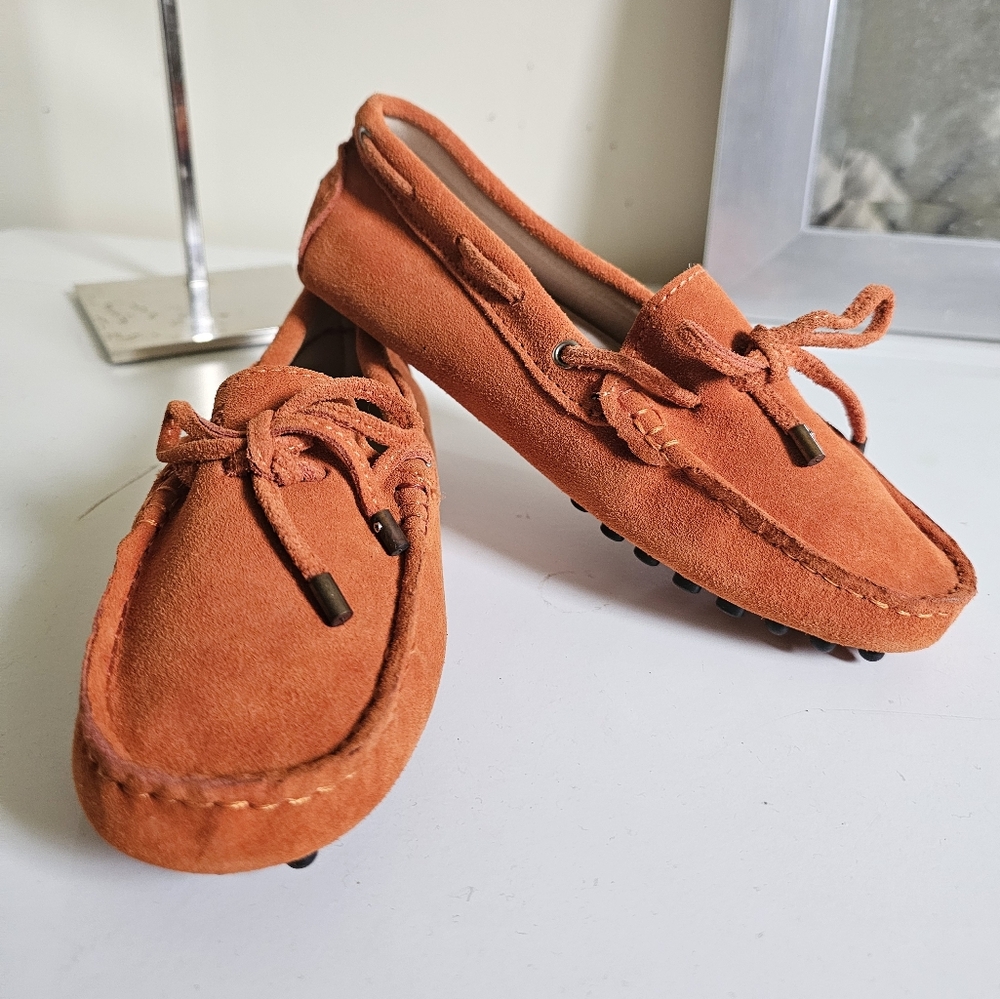 Tod's Orange Suede Loafers with Classic Moccasin Design